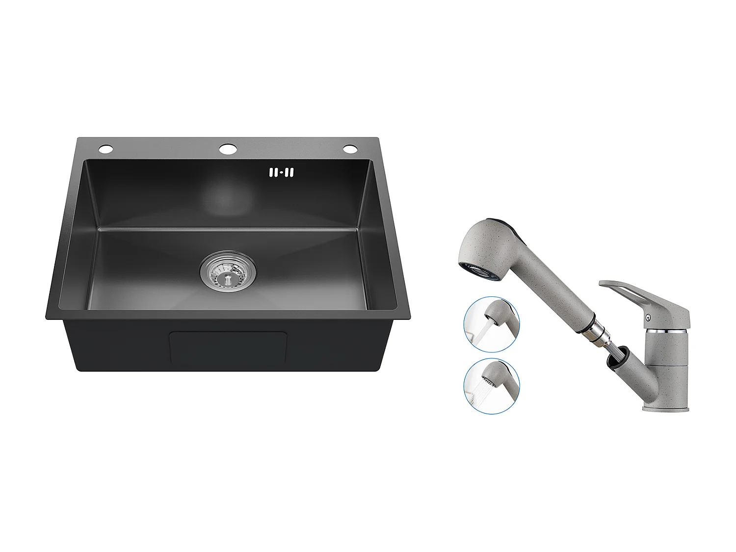 Auralum max Évier Cuisine à Encastrer,1 Bac,60*49*20CM,Acier inoxydable 304,Noir+Robinet Cuisine avec Douchette Extractible 2 Jets,Gris