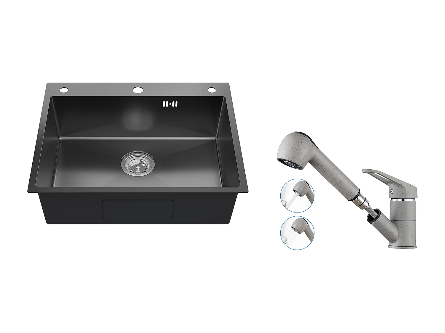 Auralum max Unterbauspüle, 1 Becken, 60*49*20CM, 304 Edelstahl, Schwarz + Küchenarmatur mit ausziehbarer Brause, 2 Düsen, Grau