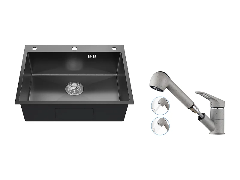 Auralum max Évier Cuisine à Encastrer,1 Bac,60*49*20CM,Acier inoxydable 304,Noir+Robinet Cuisine avec Douchette Extractible 2 Jets,Gris