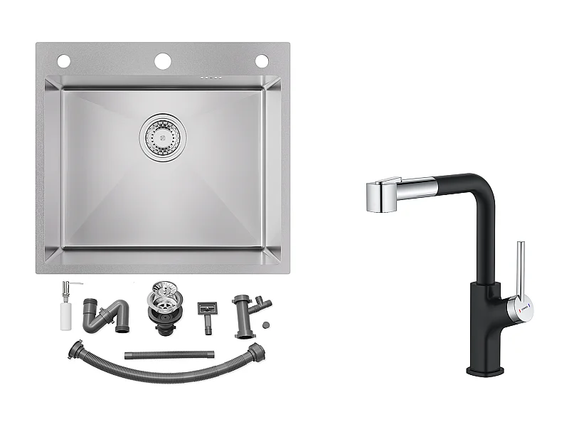 Fregadero Cocina 54*49*20 CM, empotrado/flor de plan con dispensador de jabón,plata+ grifo de cocina negro con ducha extraíble,2 jets