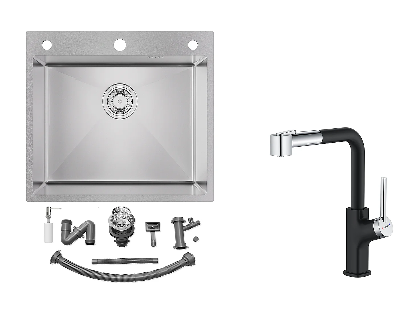 54*49*20 CM keuken spoelbak, inbouw/blad met zeepdispenser, zilver + zwarte keukenkraan met uittrekbare handdouche, 2 stralen