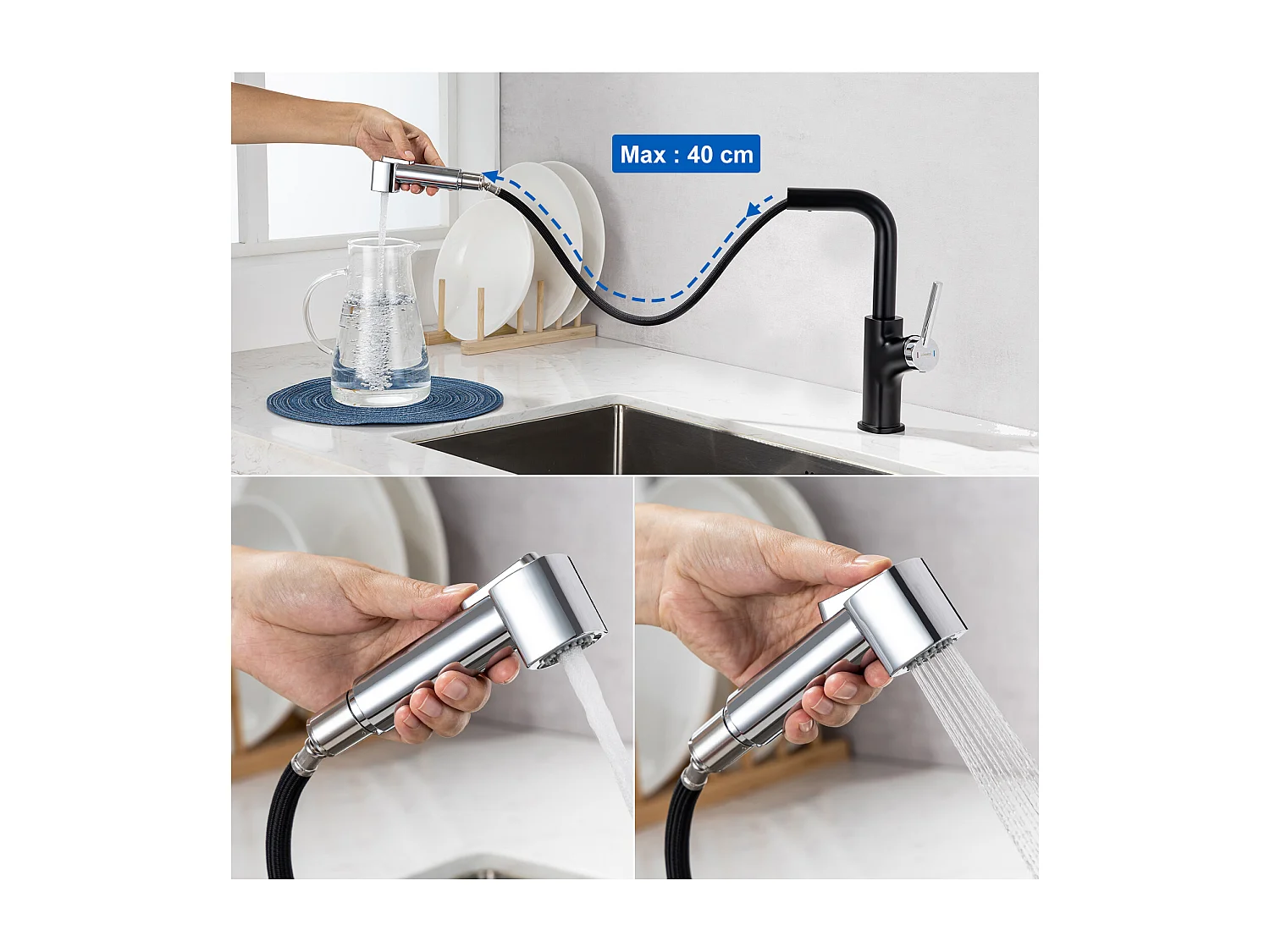 54*49*20 CM keuken spoelbak, inbouw/blad met zeepdispenser, zilver + zwarte keukenkraan met uittrekbare handdouche, 2 stralen