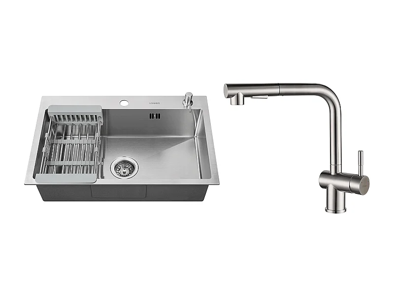 2 en1 Fregadero Cocina Cepillado 68x45x19CM con Distributor Jabón Escurridor Cesta+Grife Cocina Ducha Extragible Dos Jets Giratorio 360°