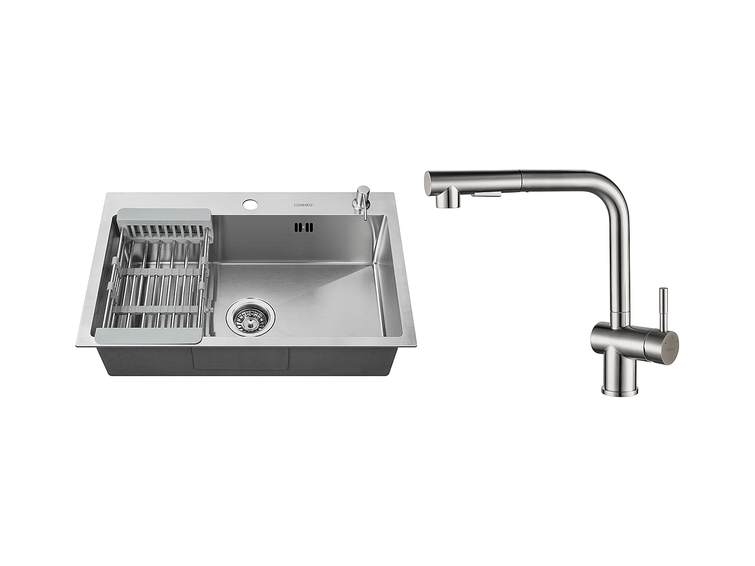 2 en1 Évier Cuisine Brossé 68x45x19CM avec Distrubuteur savon Égouttoir Panier+Robinet Cuisine Douchette Extractible Deux Jets Pivotant 360°