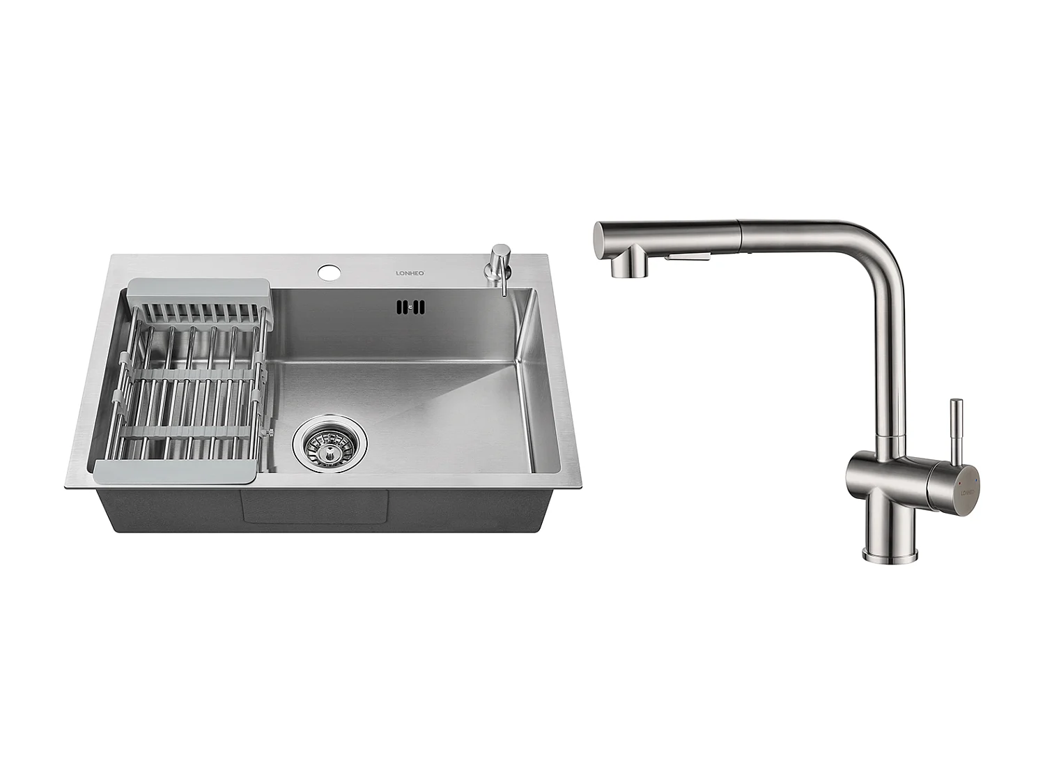 2 en1 Fregadero Cocina Cepillado 68x45x19CM con Distributor Jabón Escurridor Cesta+Grife Cocina Ducha Extragible Dos Jets Giratorio 360°