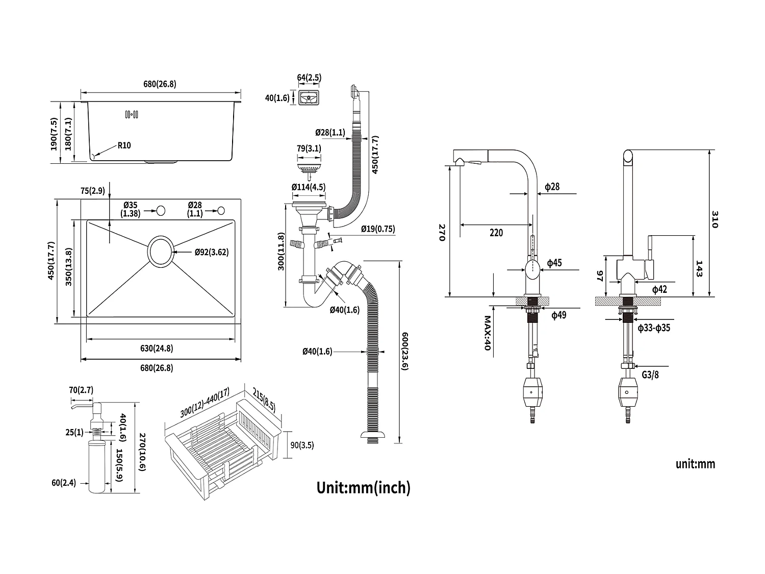 2 en1 Fregadero Cocina Cepillado 68x45x19CM con Distributor Jabón Escurridor Cesta+Grife Cocina Ducha Extragible Dos Jets Giratorio 360°