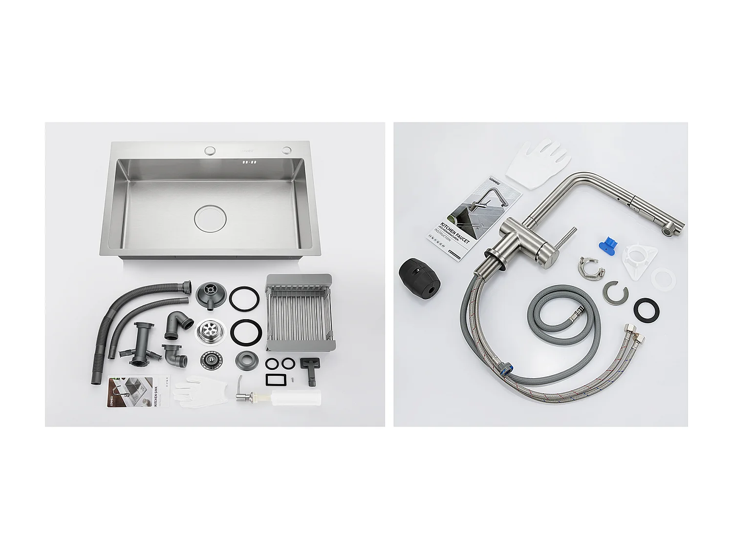 2 en1 Fregadero Cocina Cepillado 68x45x19CM con Distributor Jabón Escurridor Cesta+Grife Cocina Ducha Extragible Dos Jets Giratorio 360°