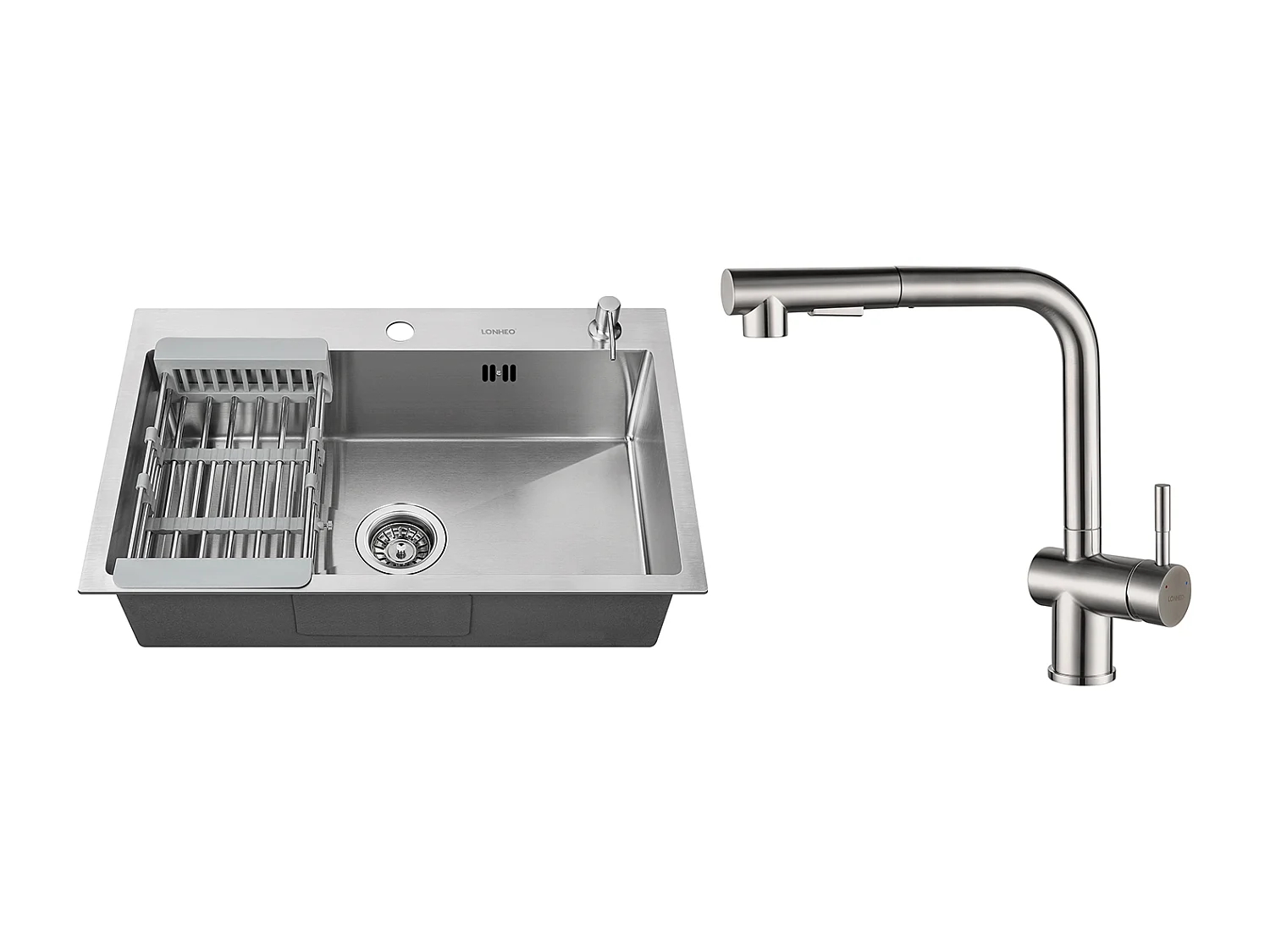 2 en1 Évier Cuisine Brossé 68x45x19CM avec Distrubuteur savon Égouttoir Panier+Robinet Cuisine Douchette Extractible Deux Jets Pivotant 360°