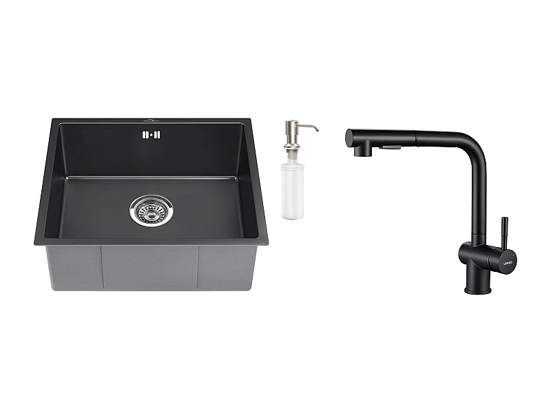 Évier Noir 1 Bac 50x43x18,5CM,Acier Inoxydable, avec Distrubuteur de savon+Robinet de Cuisine Noir Douchette Extractible à 2 Jets