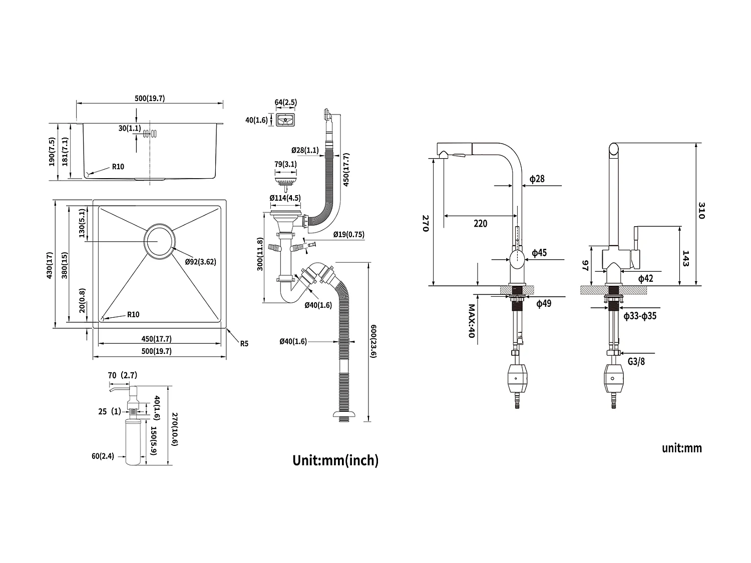 Zwarte spoelbak 1 bak 50x43x18,5CM, roestvrij staal, met zeepdistructor + zwarte keukenkraan uittrekbare douche met 2 stralen