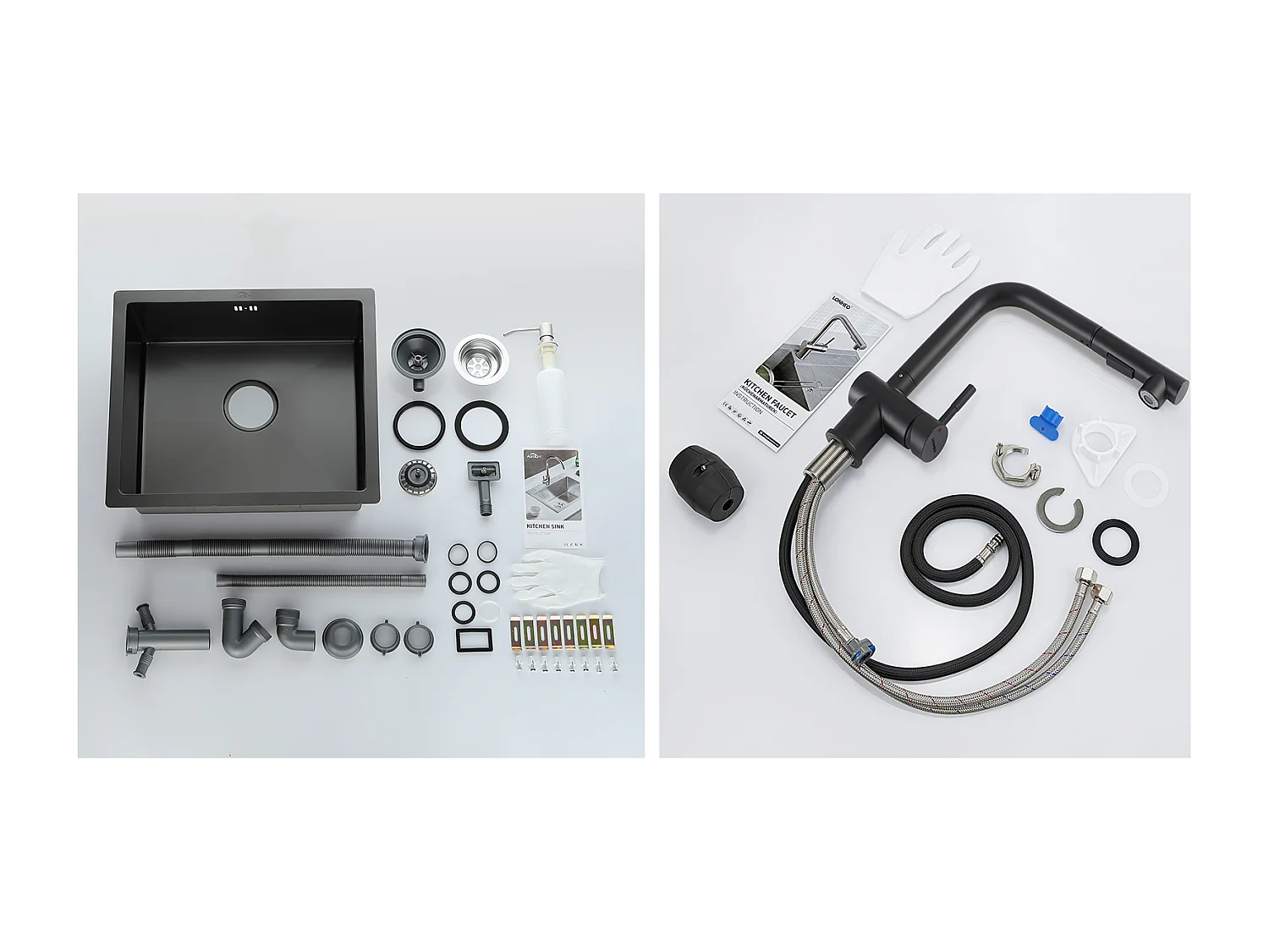 Zwarte spoelbak 1 bak 50x43x18,5CM, roestvrij staal, met zeepdistructor + zwarte keukenkraan uittrekbare douche met 2 stralen