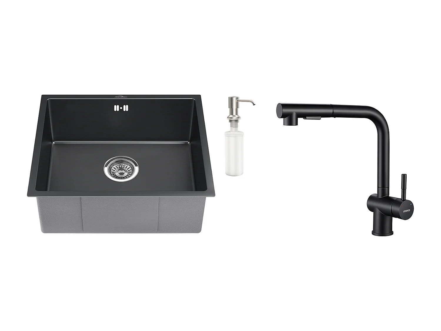 Évier Noir 1 Bac 50x43x18,5CM,Acier Inoxydable, avec Distrubuteur de savon+Robinet de Cuisine Noir Douchette Extractible à 2 Jets