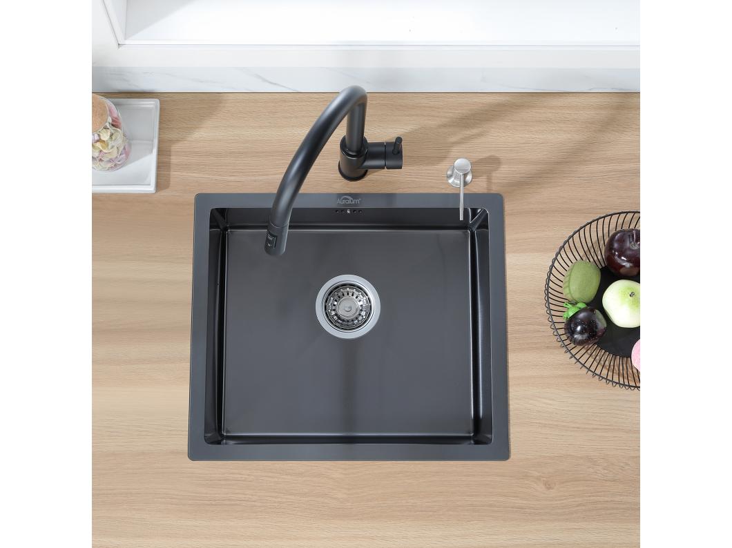 Zwarte spoelbak 1 bak 50x43x18,5CM, roestvrij staal, met zeepdistructor + zwarte keukenkraan uittrekbare douche met 2 stralen