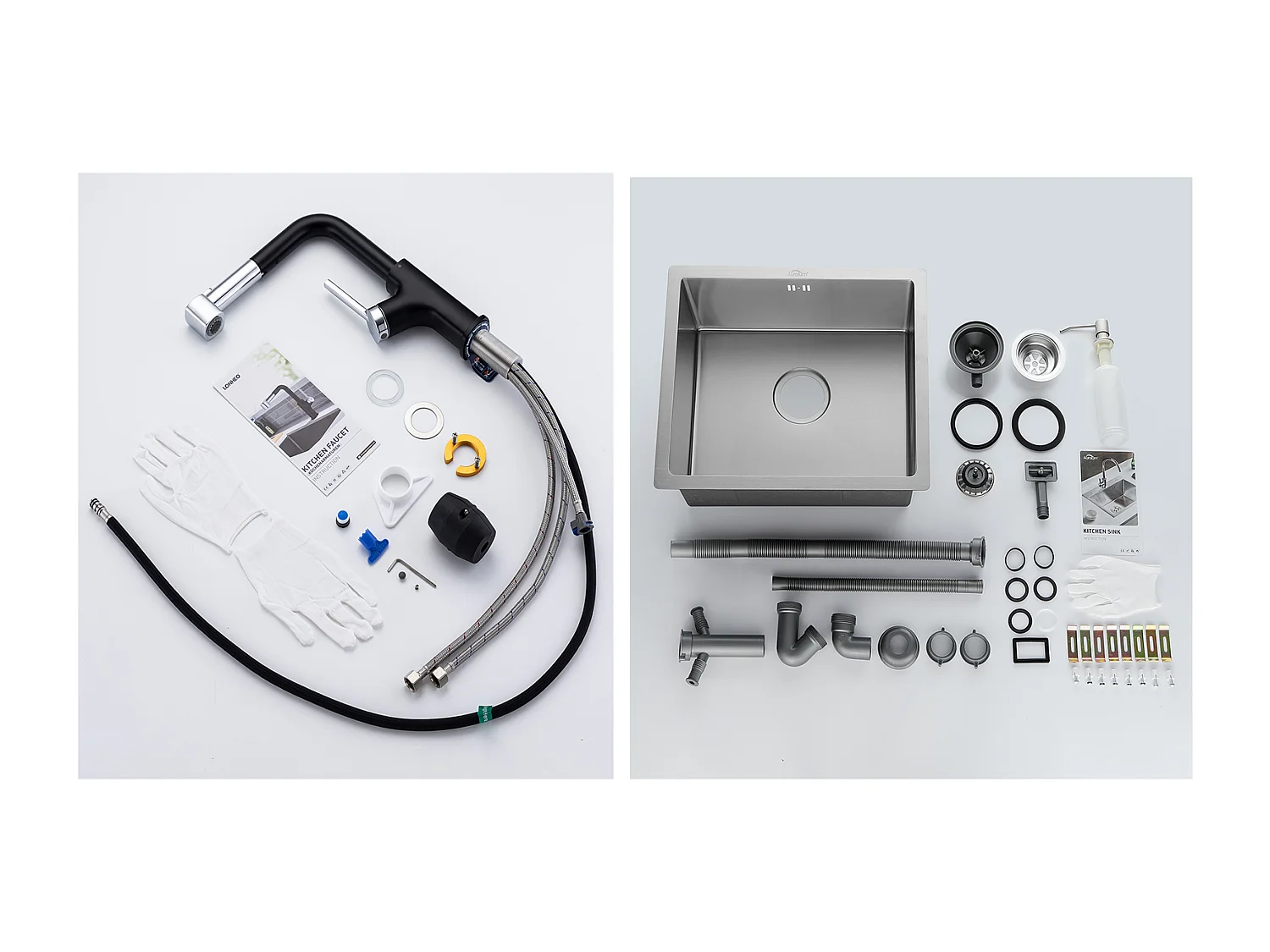 Évier de Cuisine Inox 1 Bac 50*43*18CM avec Distributeur de Savon+ Robinet de Cuisine avec Douchette Extractible, Noir+Chrome