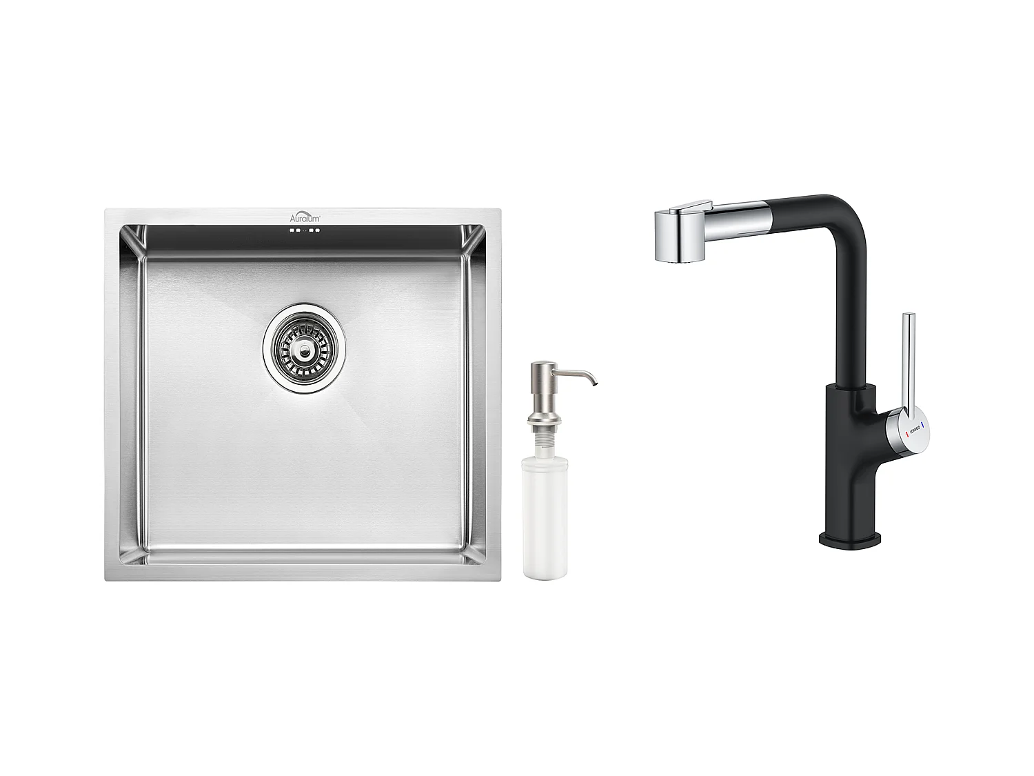 RVS Aanrecht 1 Bak 50*43*18CM met Zeepdispenser+ Keukenkraan met Uittrekbare Handdouche, Zwart+Chroom