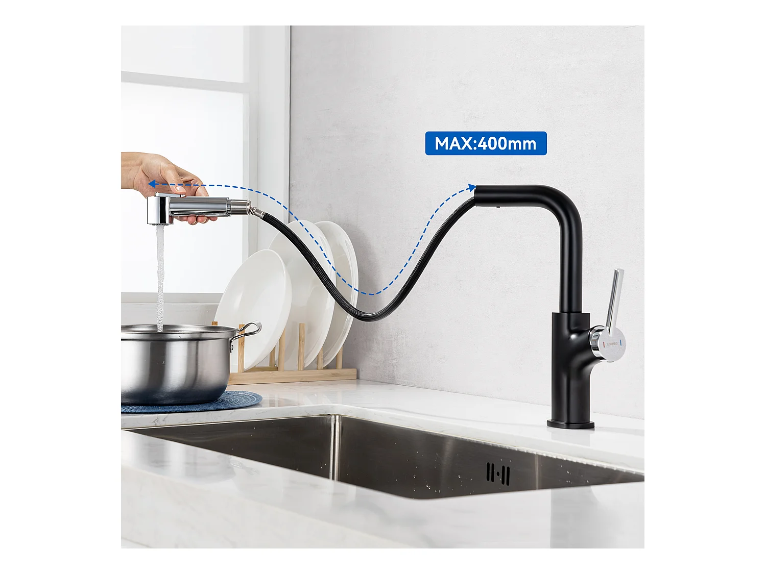 RVS Aanrecht 1 Bak 50*43*18CM met Zeepdispenser+ Keukenkraan met Uittrekbare Handdouche, Zwart+Chroom