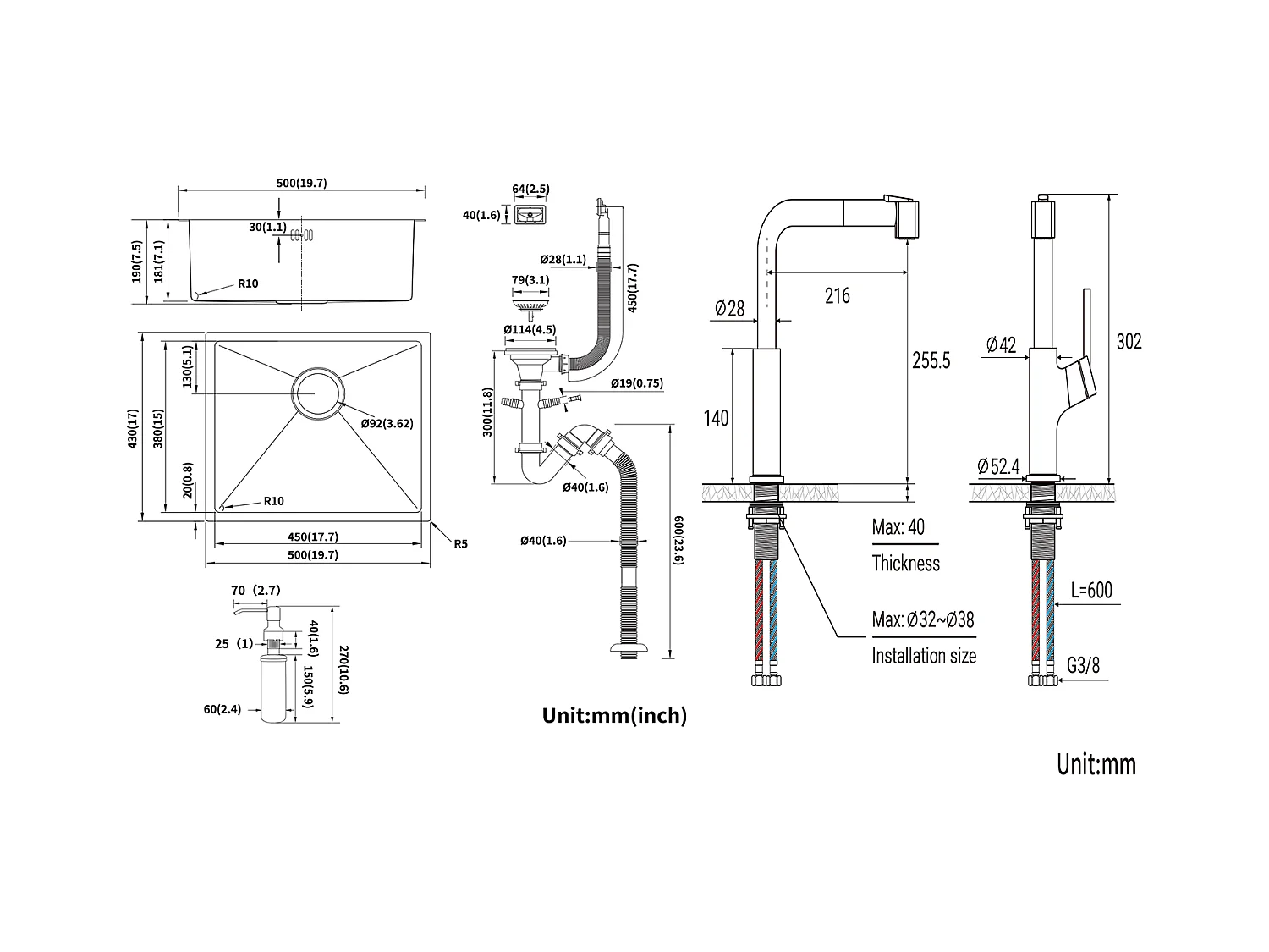 RVS Aanrecht 1 Bak 50*43*18CM met Zeepdispenser+ Keukenkraan met Uittrekbare Handdouche, Zwart+Chroom