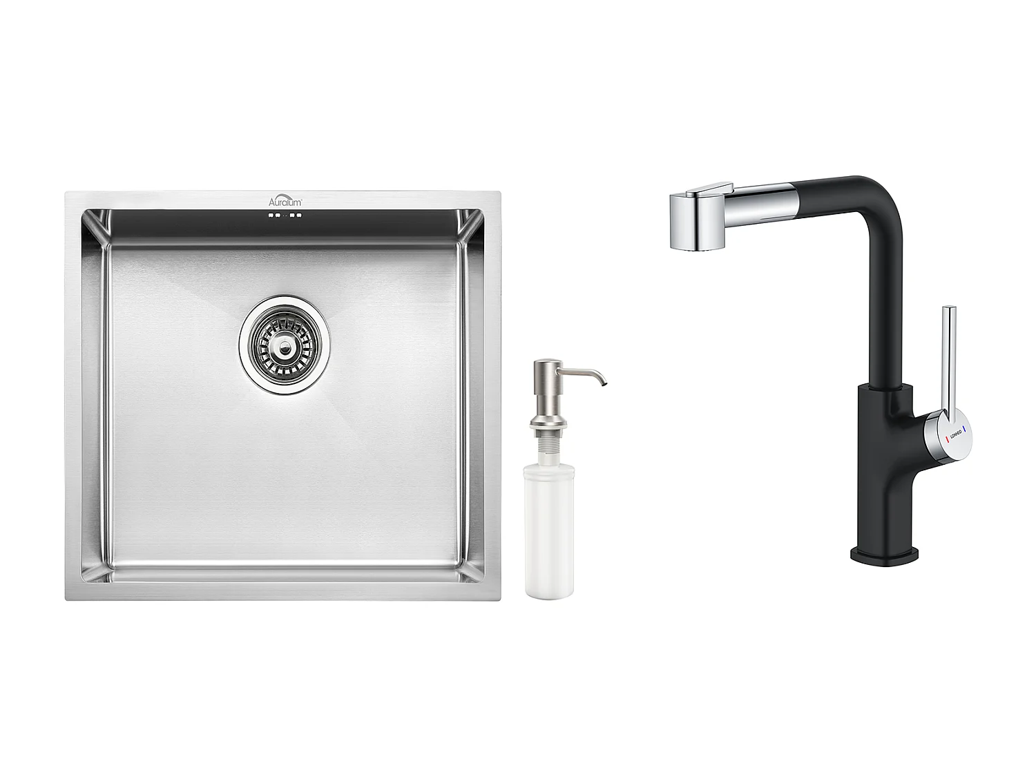 Lavello da Cucina Inox 1 Vassoio 50*43*18CM con Distributore di Sapone+ Rubinetto da Cucina con Doccia Estraibile, Nero+Cromo