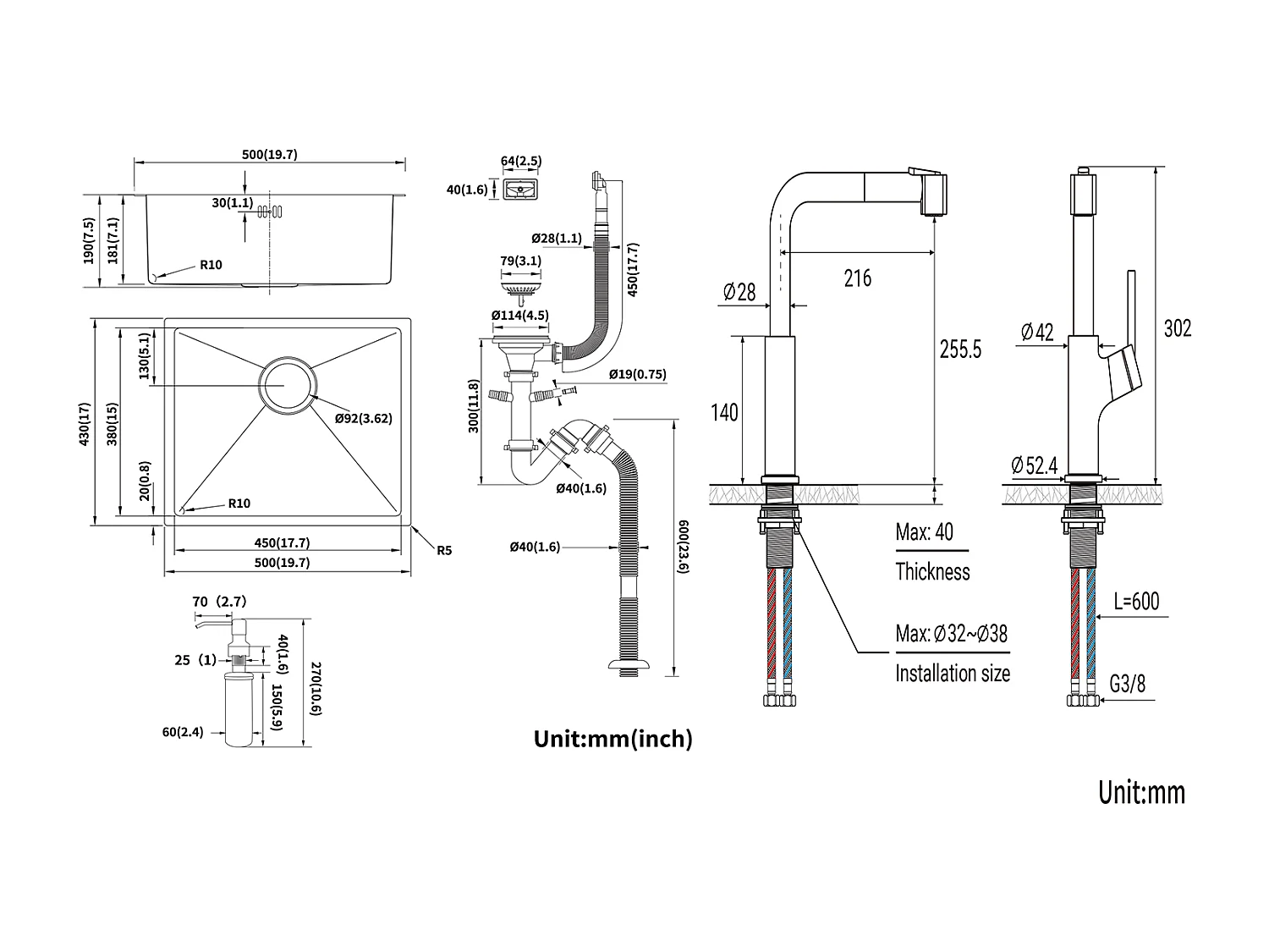 RVS Aanrecht 1 Bak 50*43*18CM met Zeepdispenser+ Keukenkraan met Uittrekbare Handdouche, Zwart+Chroom