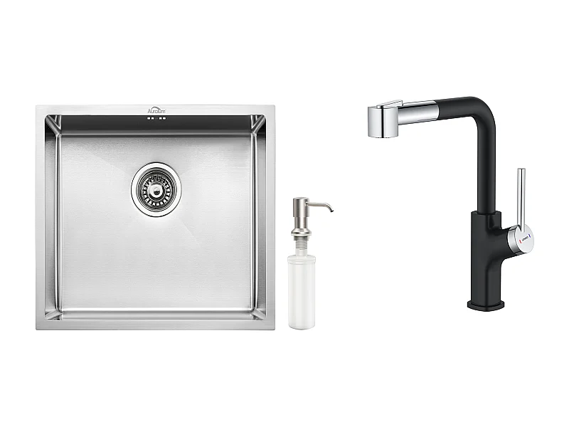 RVS Aanrecht 1 Bak 50*43*18CM met Zeepdispenser+ Keukenkraan met Uittrekbare Handdouche, Zwart+Chroom