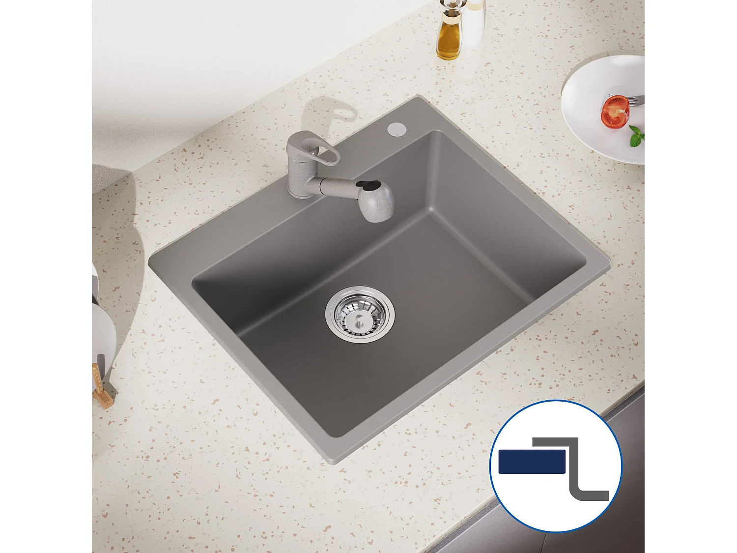 1 Granieten Aanrechtbak Keuken, 55*45*20cm, Afvoerset, Grijs + Roestvrijstalen Keukenmengkraan 304 Opklapbaar 360° Draaibaar, Zwart