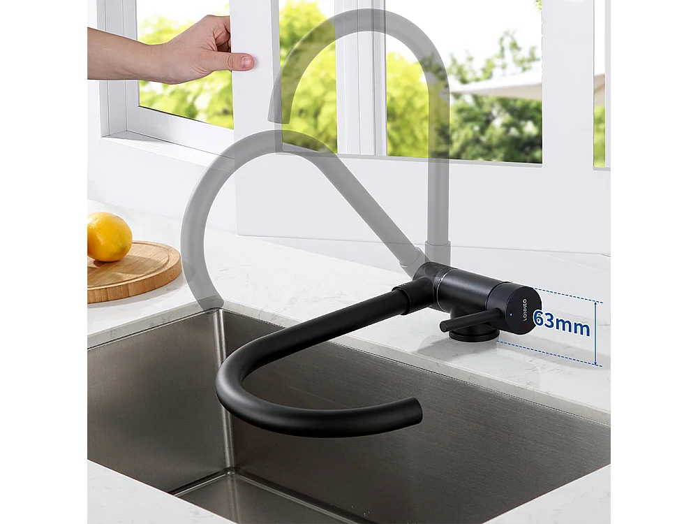 1 Granieten Aanrechtbak Keuken, 55*45*20cm, Afvoerset, Grijs + Roestvrijstalen Keukenmengkraan 304 Opklapbaar 360° Draaibaar, Zwart