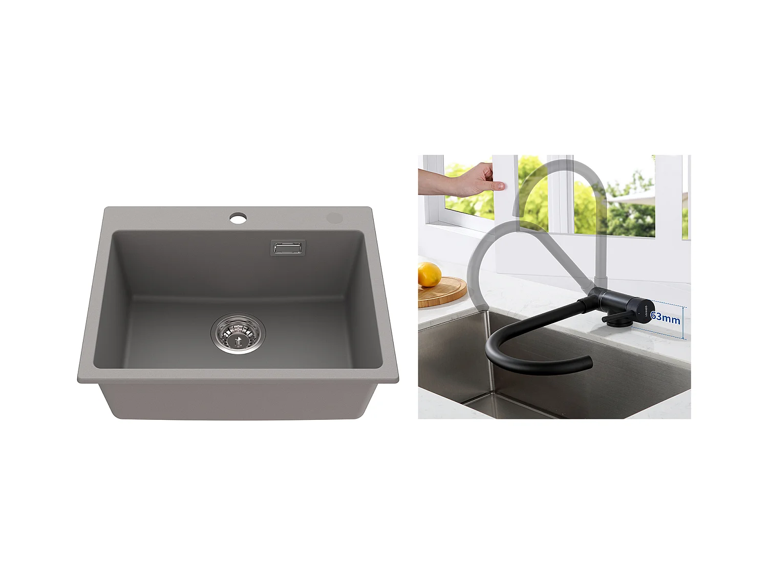 1 Becken Granit-Küchenspüle, 55*45*20cm, Ablaufgarnitur, grau + Küchenmischbatterie aus Edelstahl 304, 360° schwenkbar, schwarz