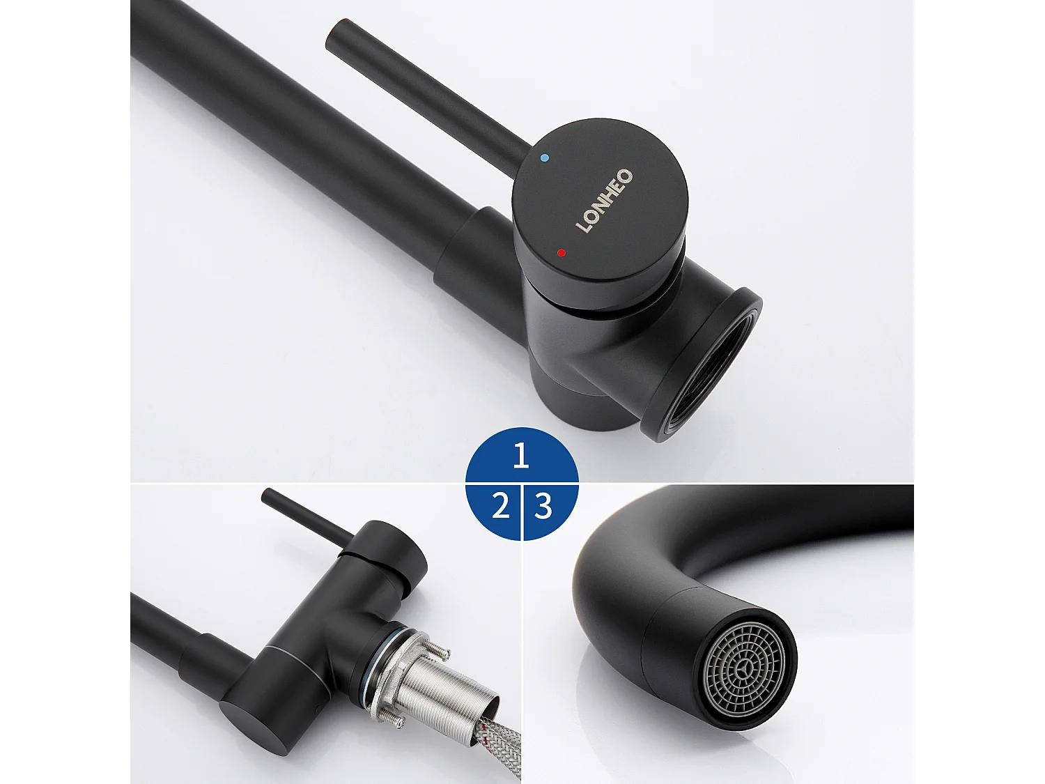 1 Bac Évier Cuisine en Granit,55*45*20cm,Kit de Vidage,Gris+Mitigeur Cuisine en Acier Inox 304 Rabattable Pivotant à 360° ,Noir