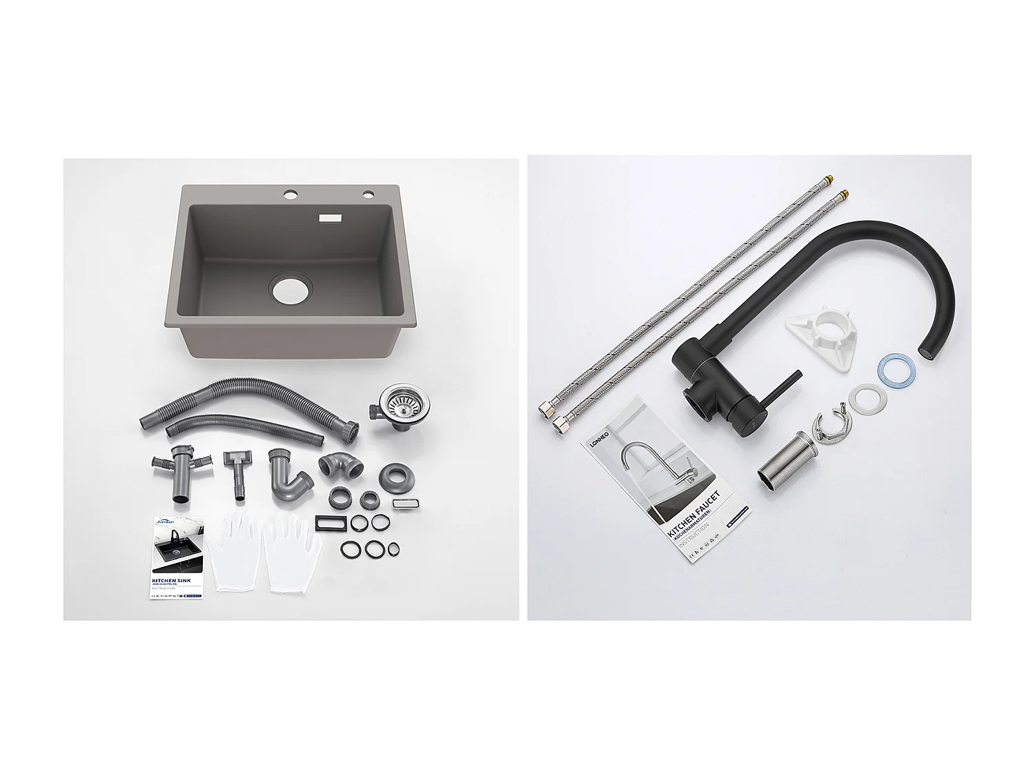 1 Bandeja Fregadero Cocina en Granit,55*45*20cm,Kit de Vaciado,Gris+Mezclador Cocina de Acero Inoxidable 304 Plegable Giratorio de 360°, Negro