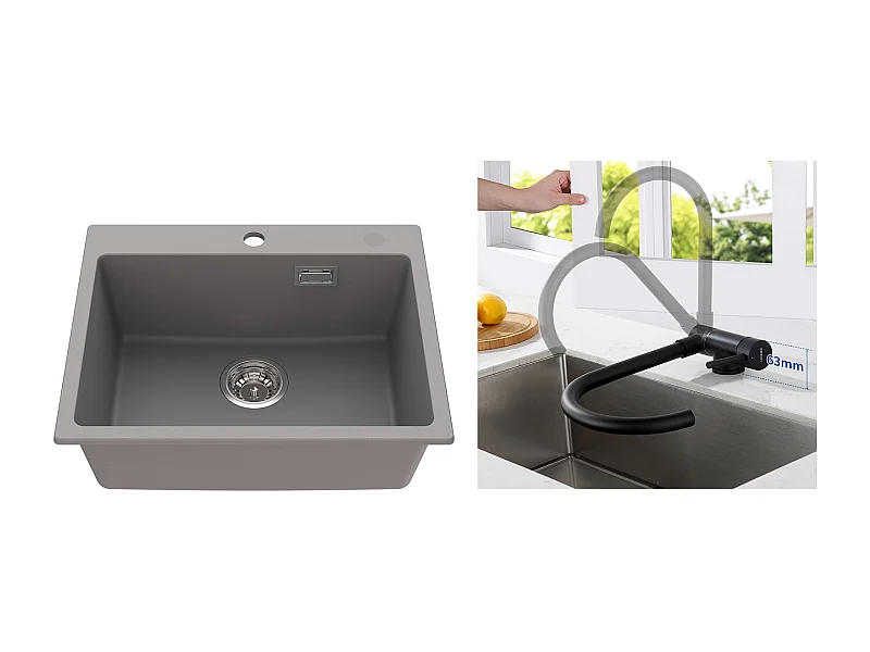 1 Bac Évier Cuisine en Granit,55*45*20cm,Kit de Vidage,Gris+Mitigeur Cuisine en Acier Inox 304 Rabattable Pivotant à 360° ,Noir