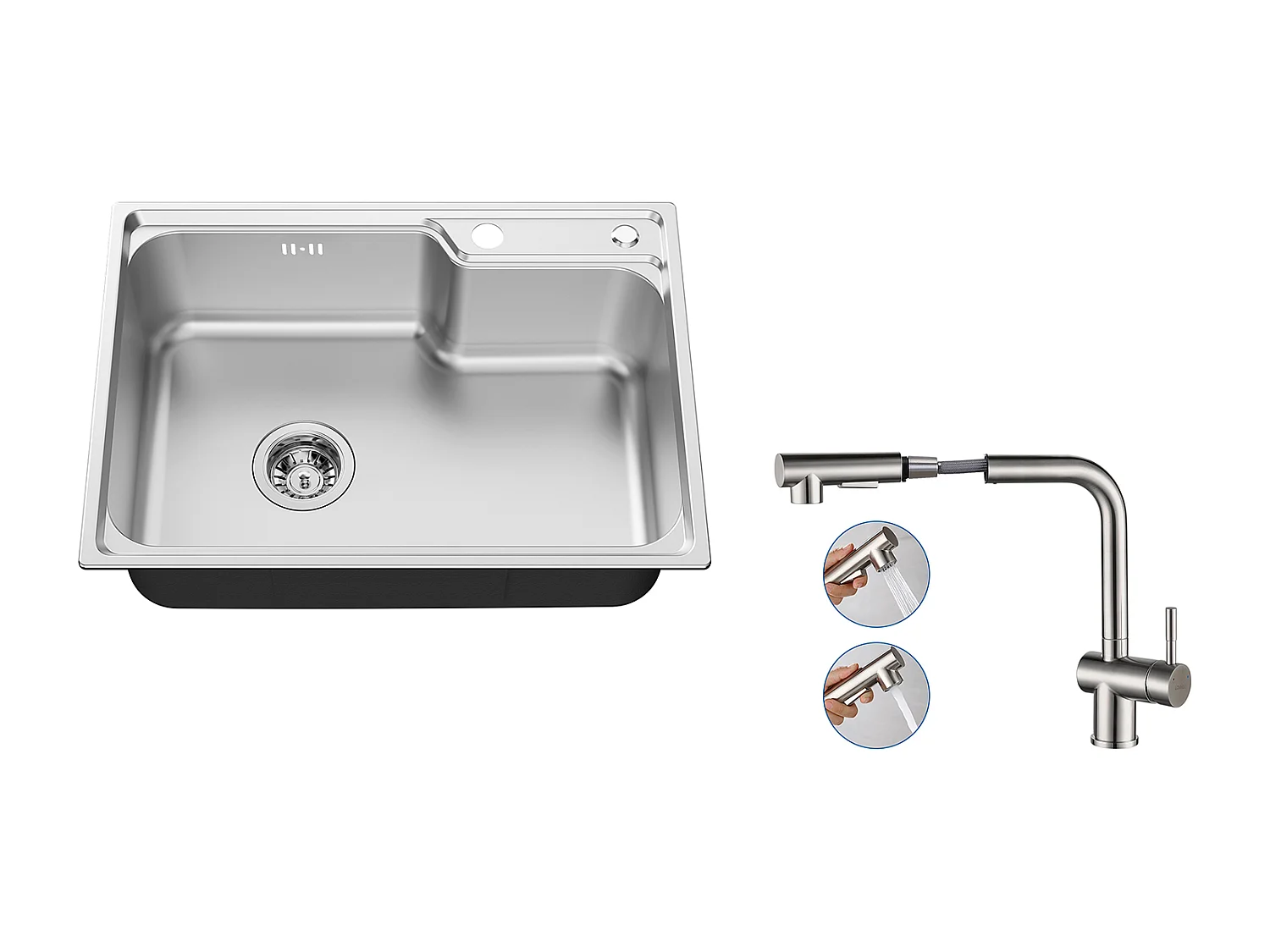 Auralum Max Évier Cuisine 1 Bac 62*45*21CM,en Inox PVD Nano Vasque à Poser,Argent+Robinet Cuisine Douchette Extractible Deux Jets Pivotant 360°