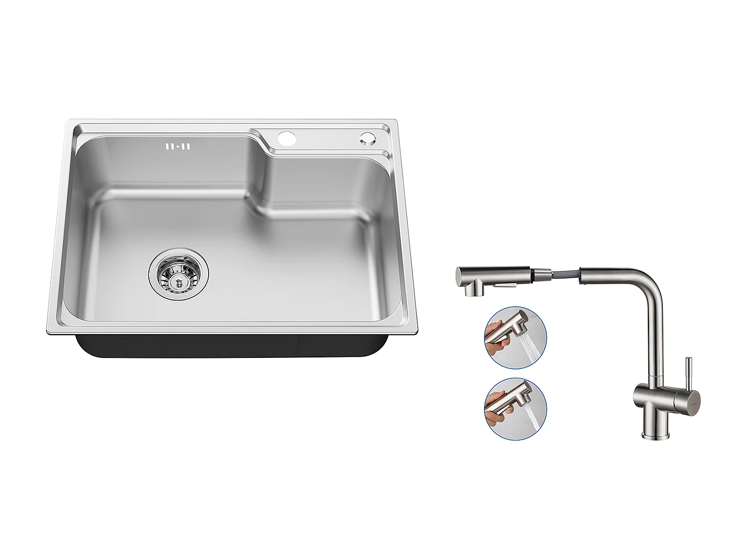 Auralum Max Évier Cuisine 1 Bac 62*45*21CM,en Inox PVD Nano Vasque à Poser,Argent+Robinet Cuisine Douchette Extractible Deux Jets Pivotant 360°