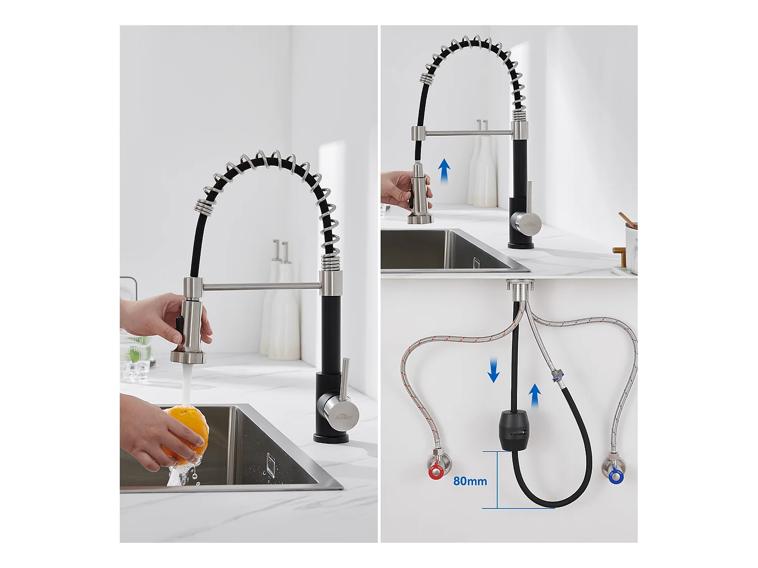 Auralum Max Évier Cuisine 1 Bac 62*45*21CM,en Inox PVD Nano Vasque à Poser,Noir+Robinet Cuisine Ressort avec Douchette Extensible,2 Modes,Noir