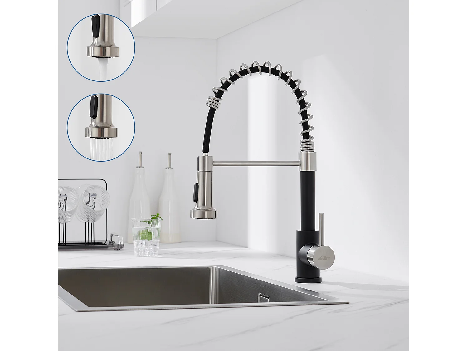 Auralum Max Aanrecht 1 Bak 62*45*21CM, RVS PVD Nano Wastafel, Zwart + Keukenkraan Veer met Uitschuifbare Handdouche, 2 Modi, Zwart