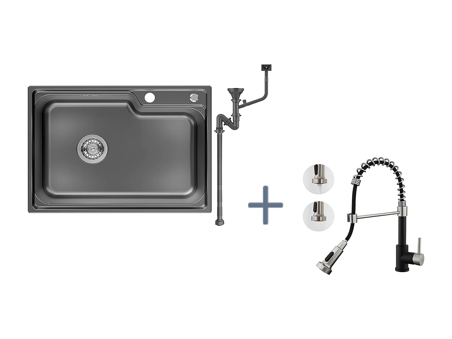 Auralum Max Évier Cuisine 1 Bac 62*45*21CM,en Inox PVD Nano Vasque à Poser,Noir+Robinet Cuisine Ressort avec Douchette Extensible,2 Modes,Noir