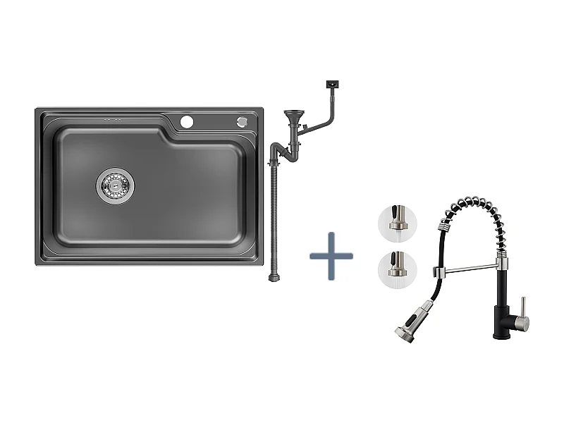 Auralum Max Évier Cuisine 1 Bac 62*45*21CM,en Inox PVD Nano Vasque à Poser,Noir+Robinet Cuisine Ressort avec Douchette Extensible,2 Modes,Noir