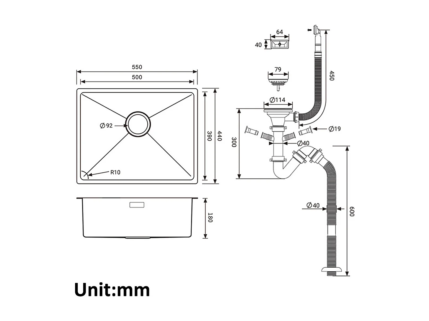 AURALUM MAX Aanrecht- Aanrecht 1 Bak RVS,55*44*19CM-Stevige & Reinigingsgootsteen voor Inbouwinstallatie,Bloem/Ondergrond,Zwart