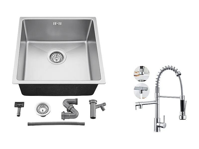 Évier Encastré 44x44x20CM- Évier de Cuisine 1 Bac en Acier Inoxydable 304,Argent+Robinet Cuisine Rotatif 360° Douchette Extractible