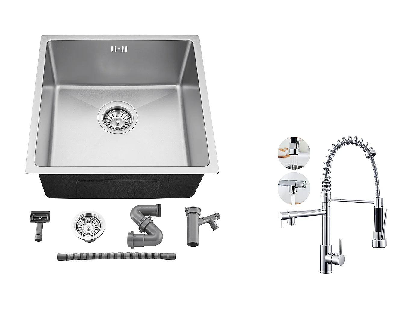 Évier Encastré 44x44x20CM- Évier de Cuisine 1 Bac en Acier Inoxydable 304,Argent+Robinet Cuisine Rotatif 360° Douchette Extractible