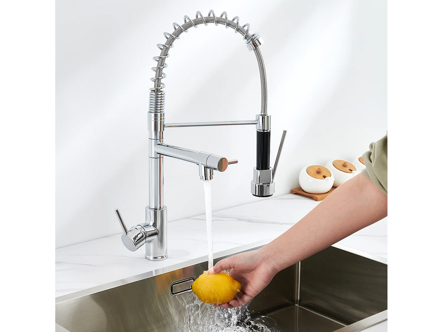 Évier Encastré 44x44x20CM- Évier de Cuisine 1 Bac en Acier Inoxydable 304,Argent+Robinet Cuisine Rotatif 360° Douchette Extractible