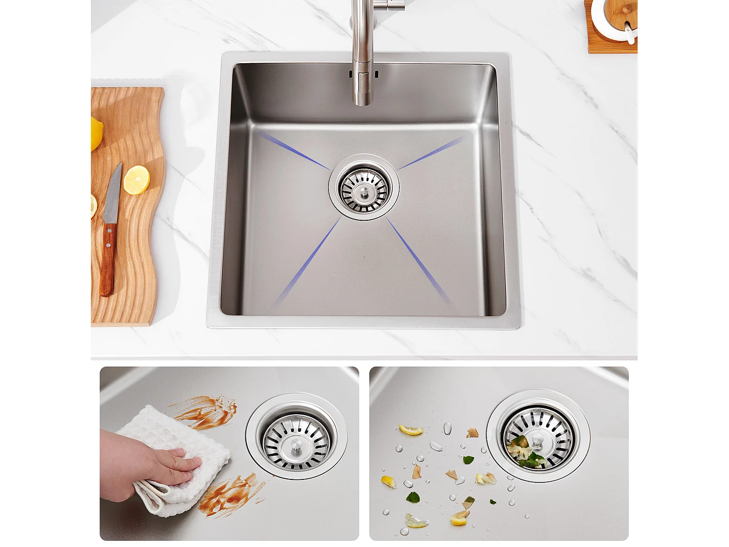 Lavello Da Incasso 44x44x20CM-Lavello da Cucina 1 Vassoio in Acciaio Inossidabile 304,Argento+Rubinetto Cucina Rotante 360° Doccia Estraibile