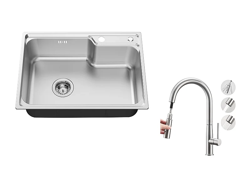 Auralum Max Évier Cuisine 1 Bac 62*45*21CM,en Inox PVD Nano Vasque à Poser,Argent+Robinet Cuisine avec Douchette Extractible,2 Modes Jets ,Brossé