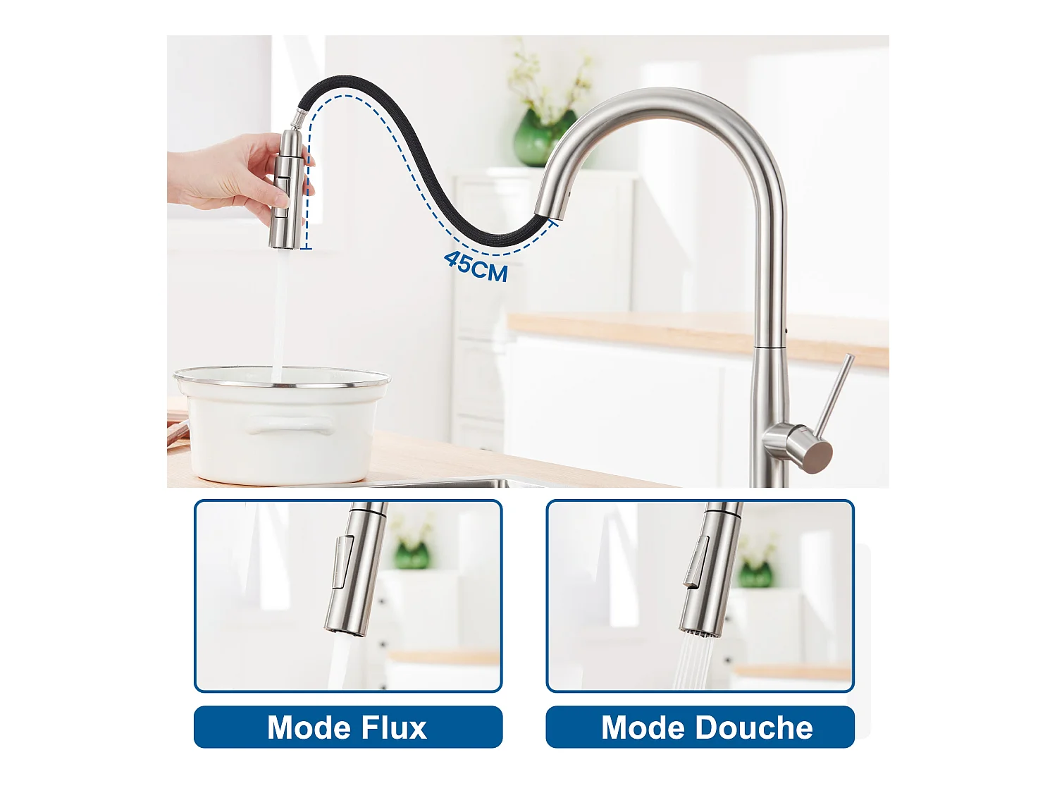 Auralum Max Évier Cuisine 1 Bac 62*45*21CM,en Inox PVD Nano Vasque à Poser,Argent+Robinet Cuisine avec Douchette Extractible,2 Modes Jets ,Brossé