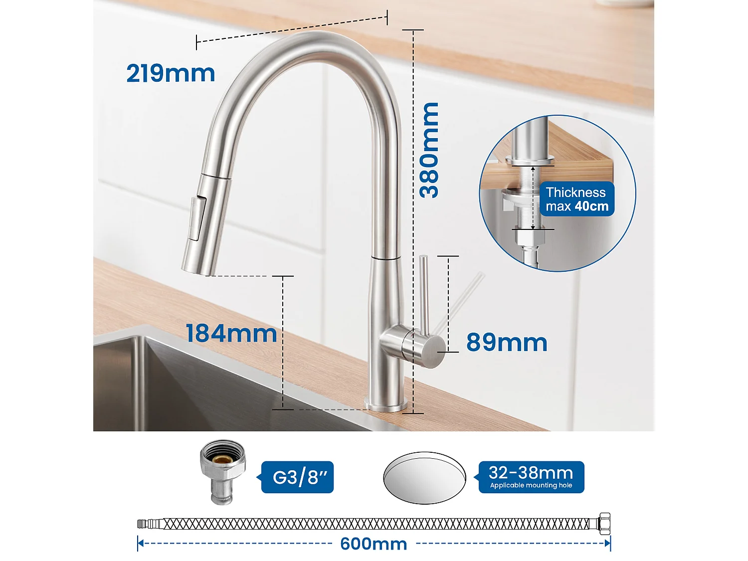 Auralum Max Évier Cuisine 1 Bac 62*45*21CM,en Inox PVD Nano Vasque à Poser,Argent+Robinet Cuisine avec Douchette Extractible,2 Modes Jets ,Brossé