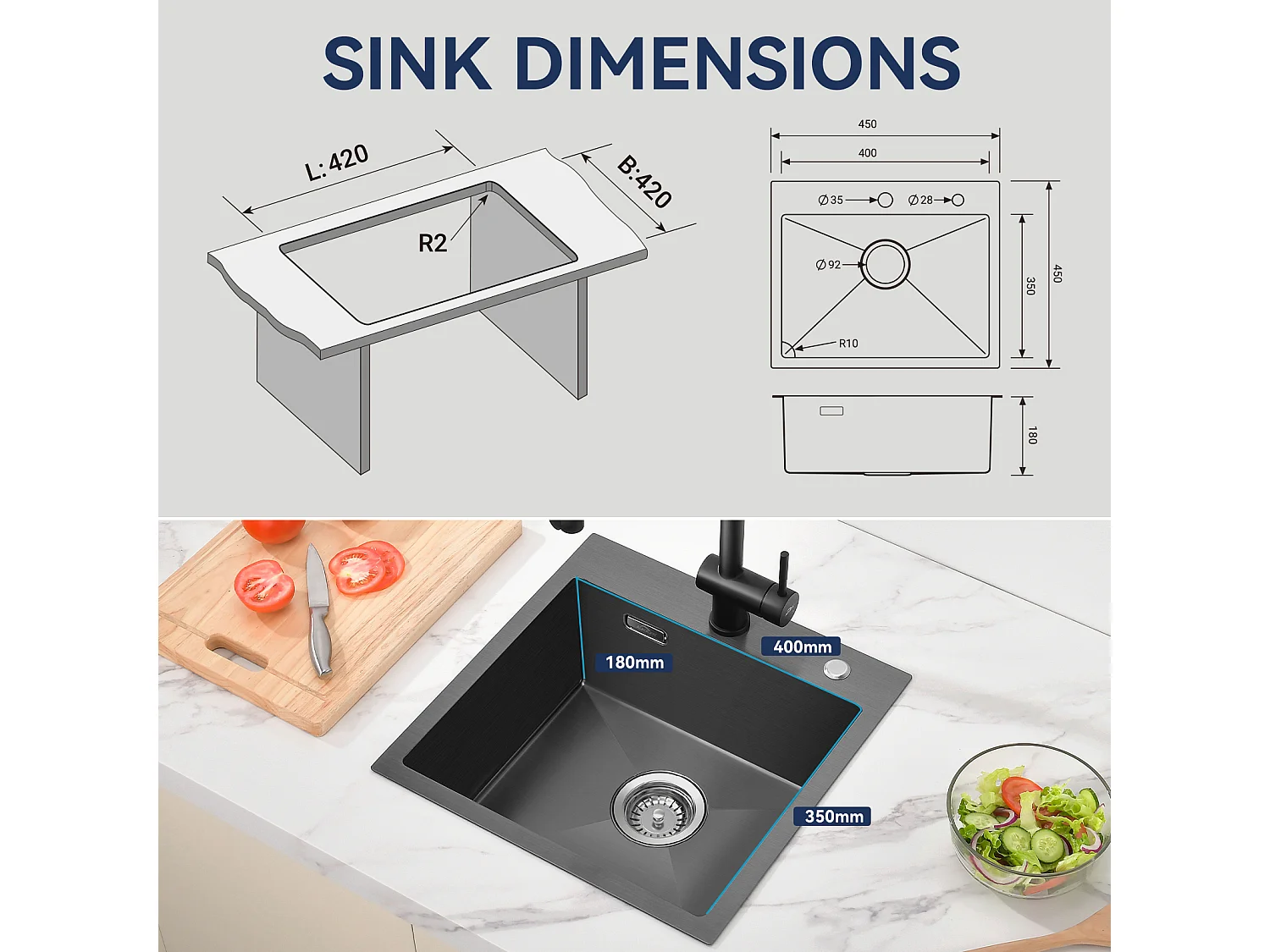 Évier Cuisine 1 Bac 45x45CM Acier Inoxydable 304 ,encastré et à Poser+Robinet Cuisine Douchette Extractible Deux Jets Pivotant 360°, Noir