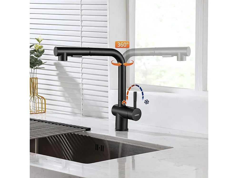 Évier Cuisine 1 Bac 45x45CM Acier Inoxydable 304 ,encastré et à Poser+Robinet Cuisine Douchette Extractible Deux Jets Pivotant 360°, Noir