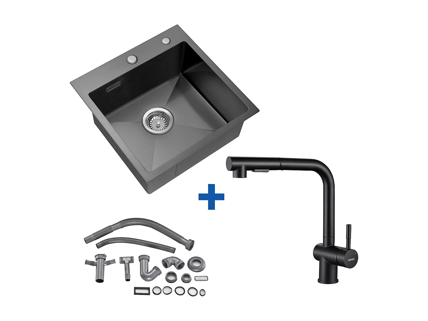 Évier Cuisine 1 Bac 45x45CM Acier Inoxydable 304 ,encastré et à Poser+Robinet Cuisine Douchette Extractible Deux Jets Pivotant 360°, Noir