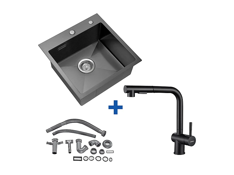 Évier Cuisine 1 Bac 45x45CM Acier Inoxydable 304 ,encastré et à Poser+Robinet Cuisine Douchette Extractible Deux Jets Pivotant 360°, Noir