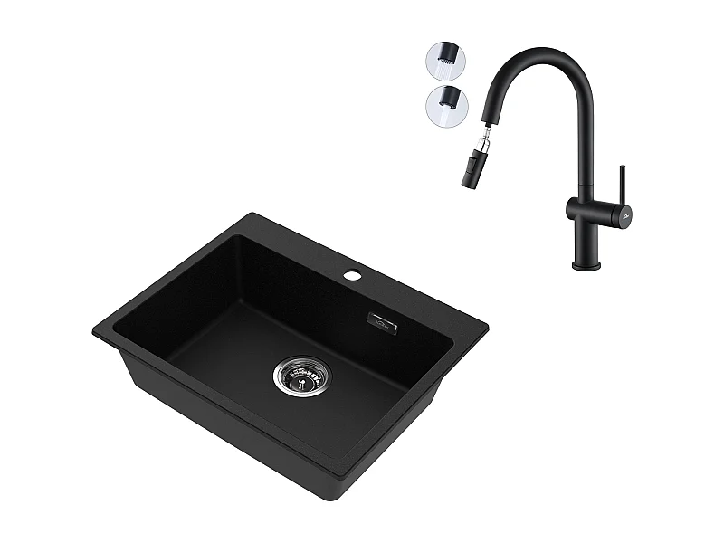 1 Bac Évier Cuisine en Granit,55*45*20cm,Kit de Vidage,Noir  +robinet de cuisine rétractable à deux fonctions, Noir