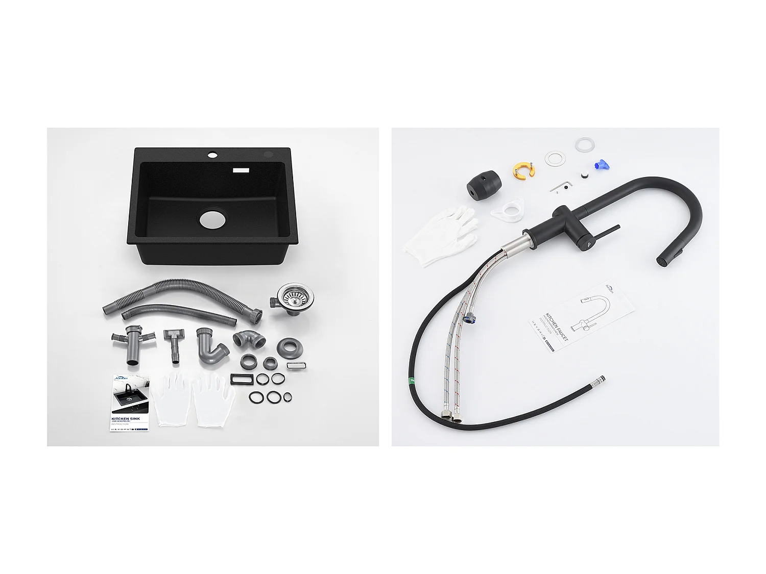 1 Bac Évier Cuisine en Granit,55*45*20cm,Kit de Vidage,Noir  +robinet de cuisine rétractable à deux fonctions, Noir